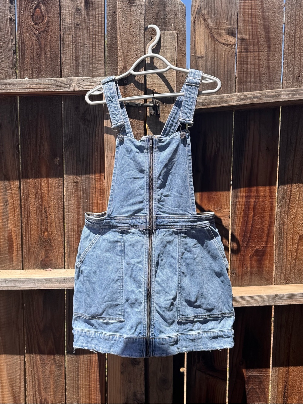Denim Zip Front Overall Dress in Light Blue